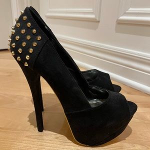 Black velour/gold studded super high heels